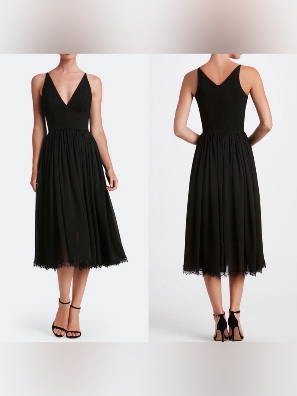 Dress the Population Alicia Dress Lace Black Plunge Cocktail Party Midi Medium - Picture 2 of 15